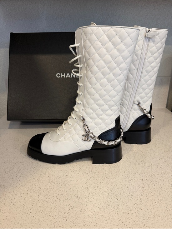 CHANEL Shoes - CHANEL White Quilted Leather Lace-Up Combat Boots with Black Cap Toe & Chain